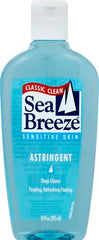 Seabreeze tonico facial etiqueta visible, descripción de limpieza suave para piel sensible