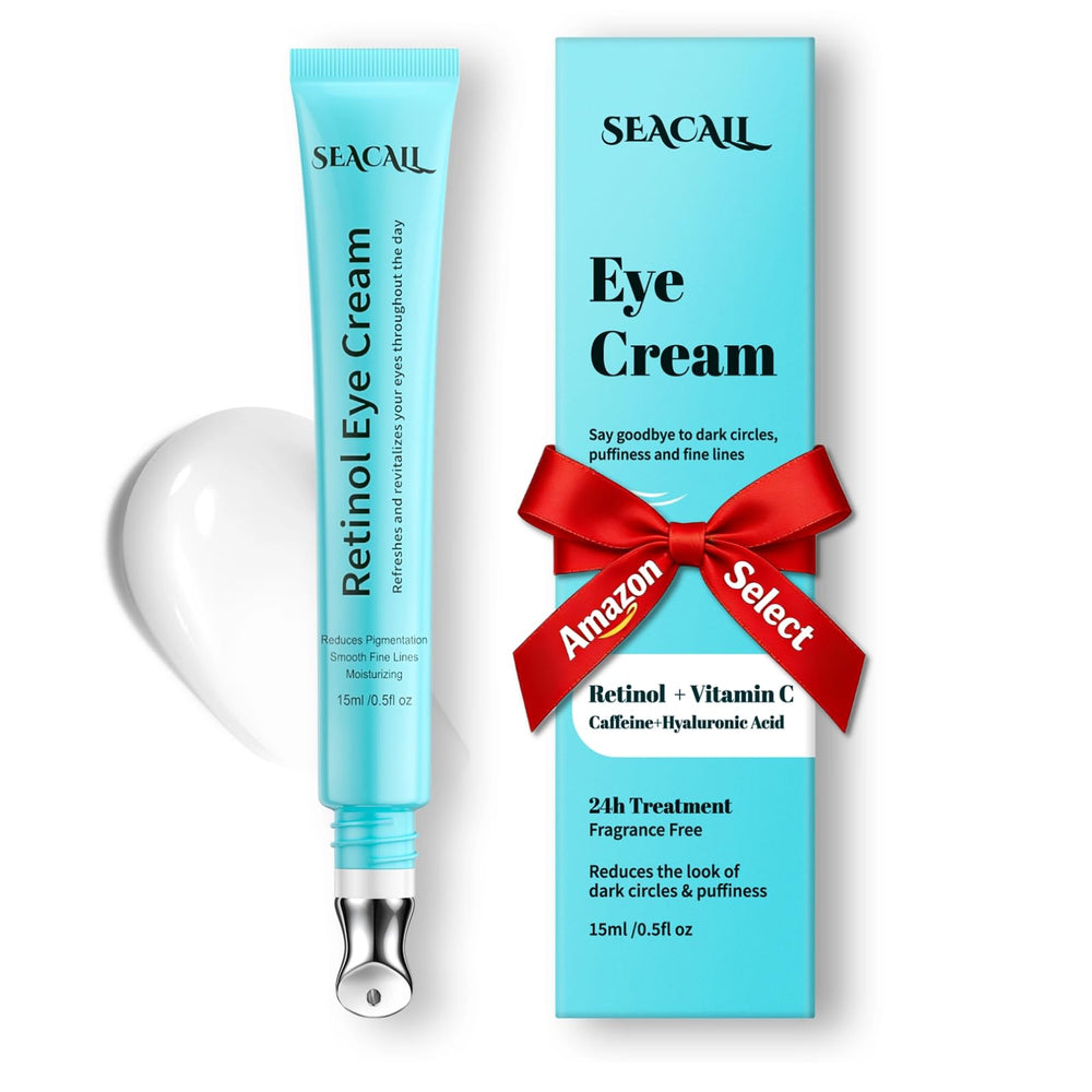 Seacall Retinol Eye Cream tube close-up for reducing fine lines and puffiness.