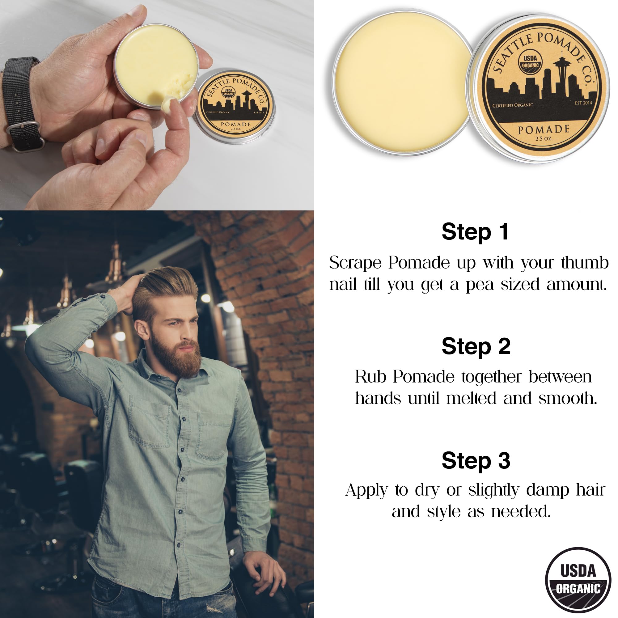 Seattle Pomade Co. envase y diseño ético de ingredientes orgánicos.