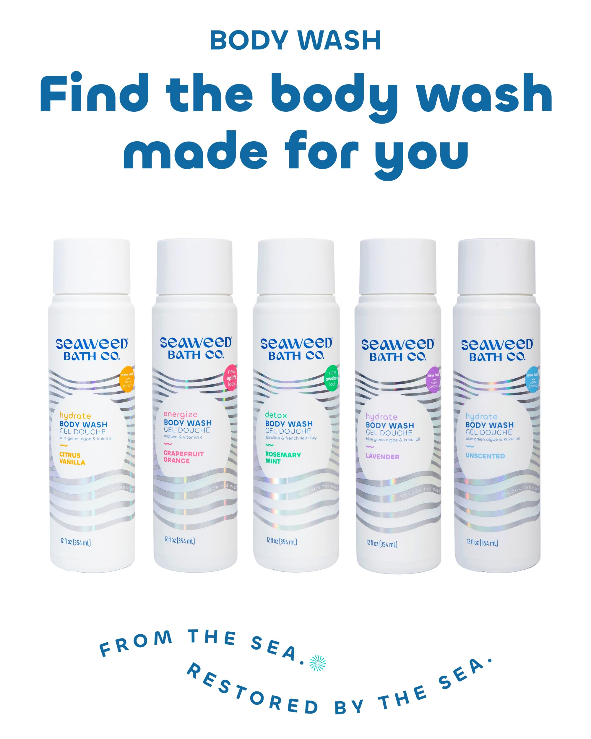 Packaging of Seaweed Bath Co. Calm Body Wash uses 50% post-consumer plastic