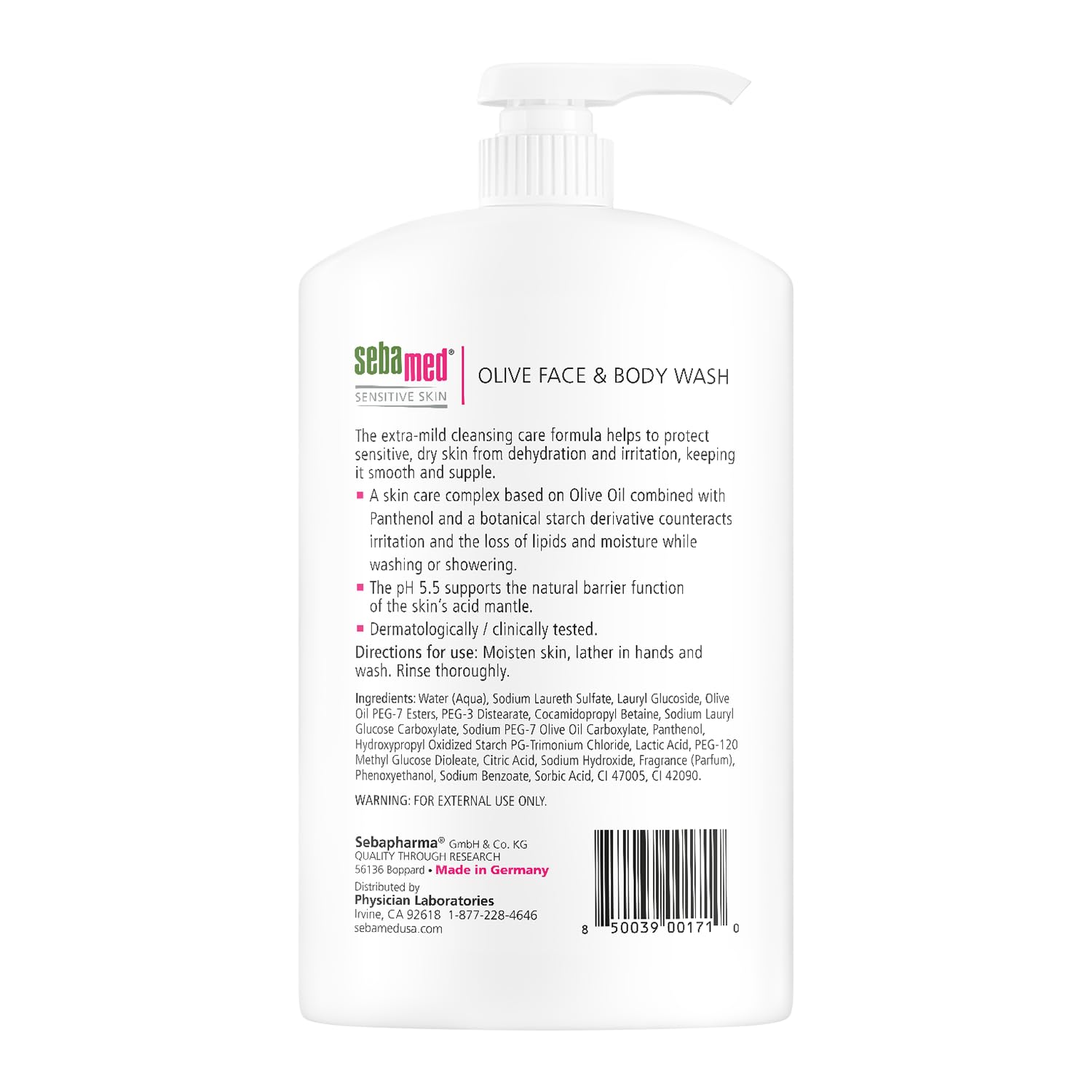 Sebamed Olive: fórmula con aceite de oliva y Provitamina B5, hidratación suave.