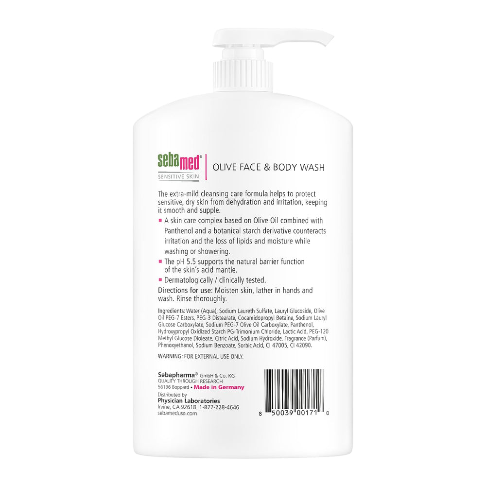 Sebamed Olive: fórmula con aceite de oliva y Provitamina B5, hidratación suave.