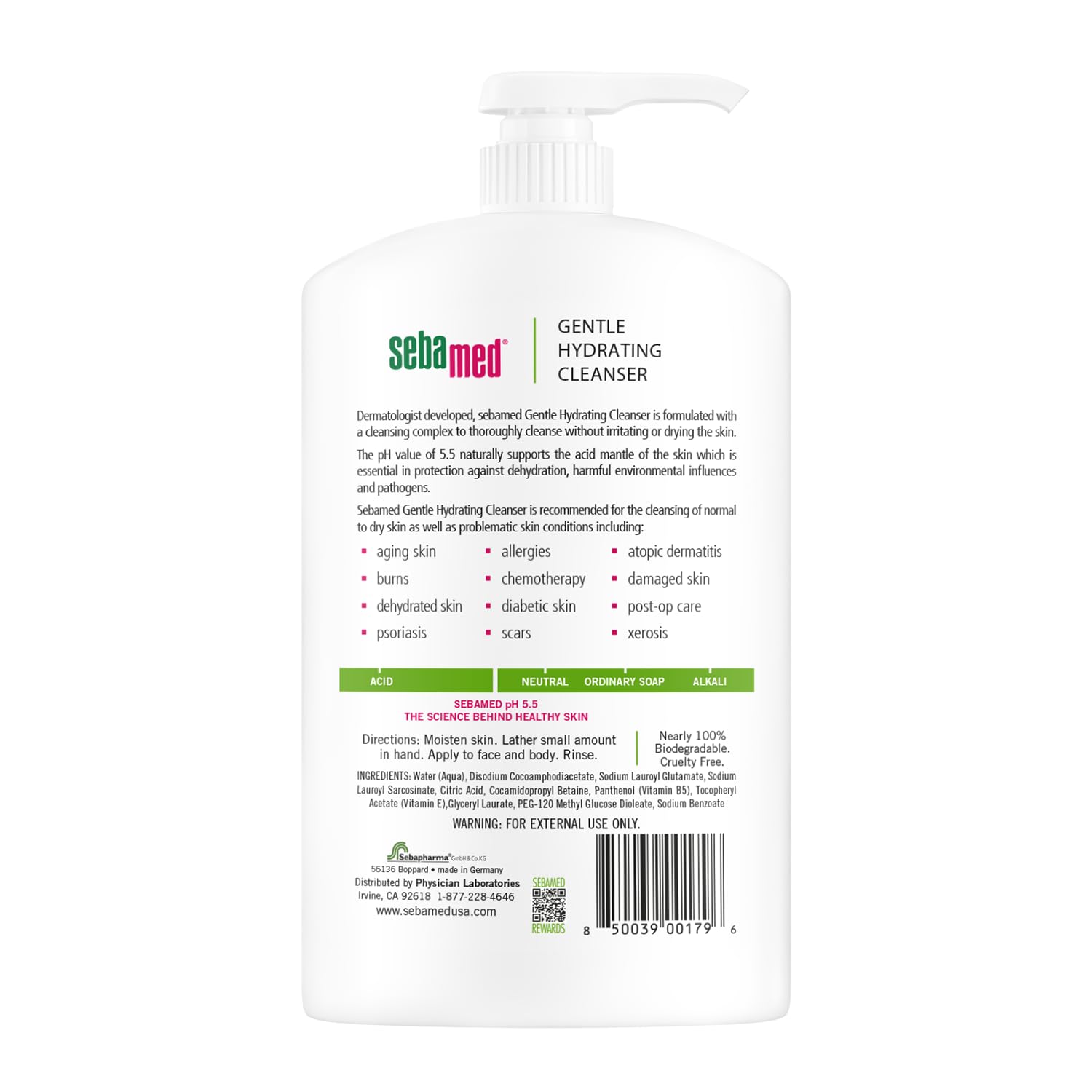 Etiqueta pH 5.5 de SEBAMED que indica equilibrio para la piel.