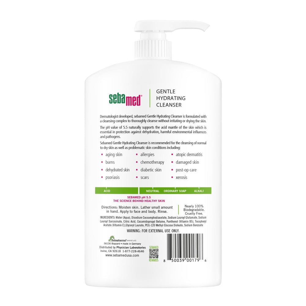 Etiqueta pH 5.5 de SEBAMED que indica equilibrio para la piel.