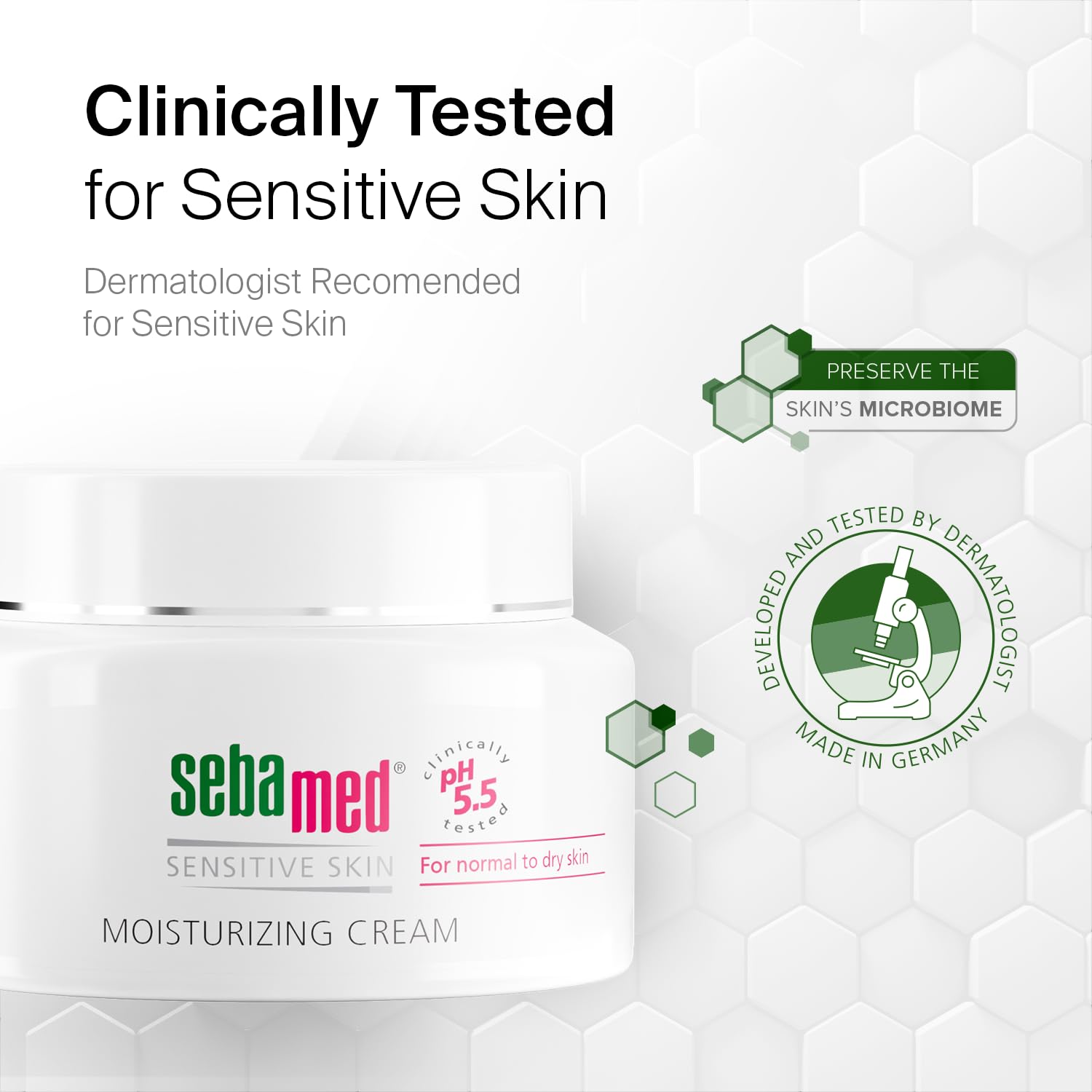 Étiquette hypoallergénique et vitamine E sur SEBAMED pour peaux sensibles.