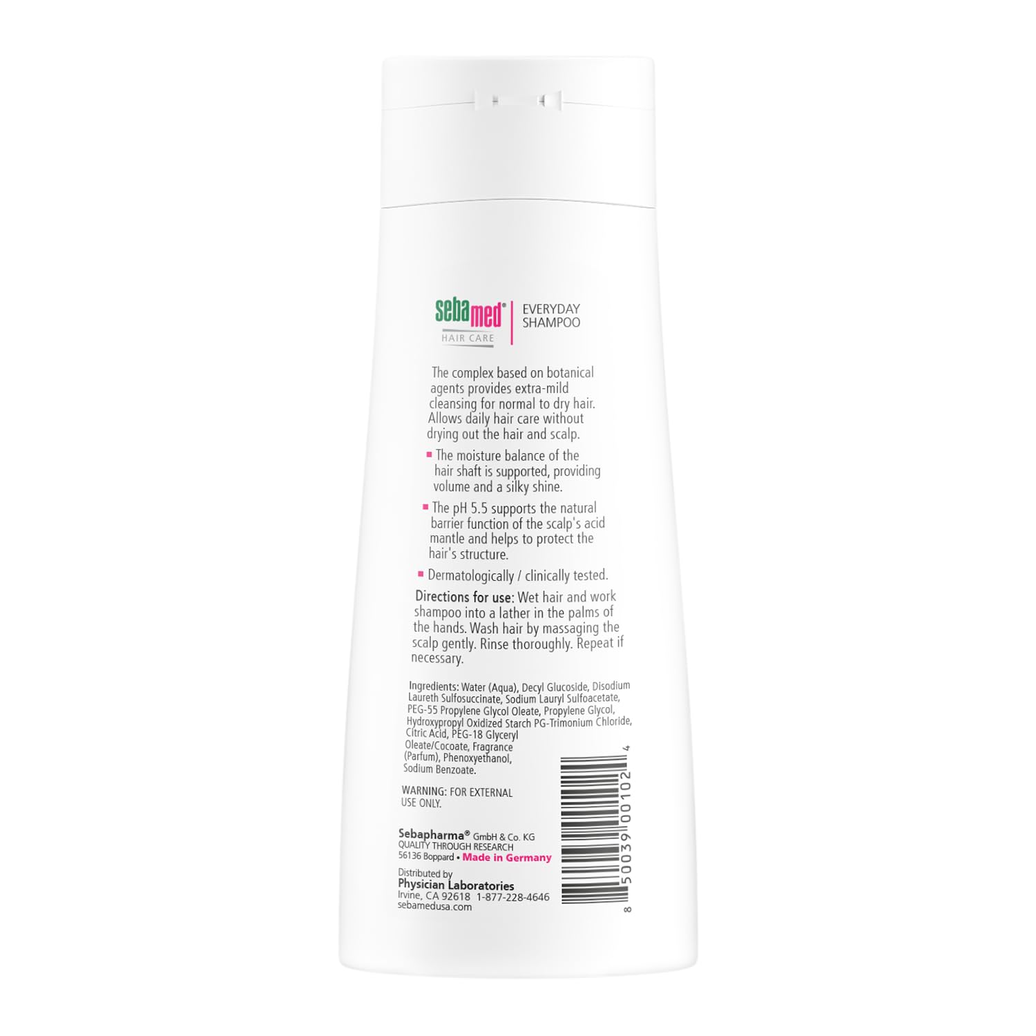 Etiqueta de SEBAMED Everyday Shampoo con pH 5.5, limpieza delicada.