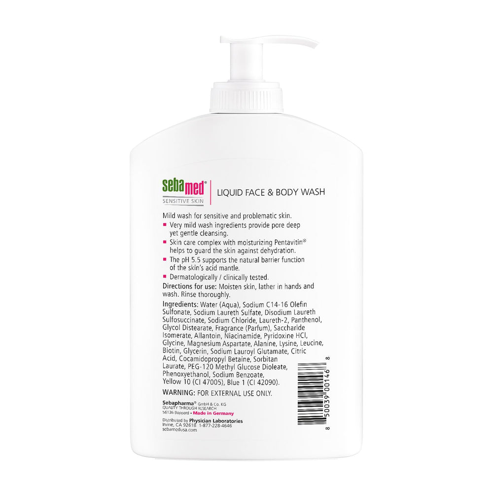 SEBAMED limpiador líquido con espuma suave aplicado en la mano para hidratación suave.