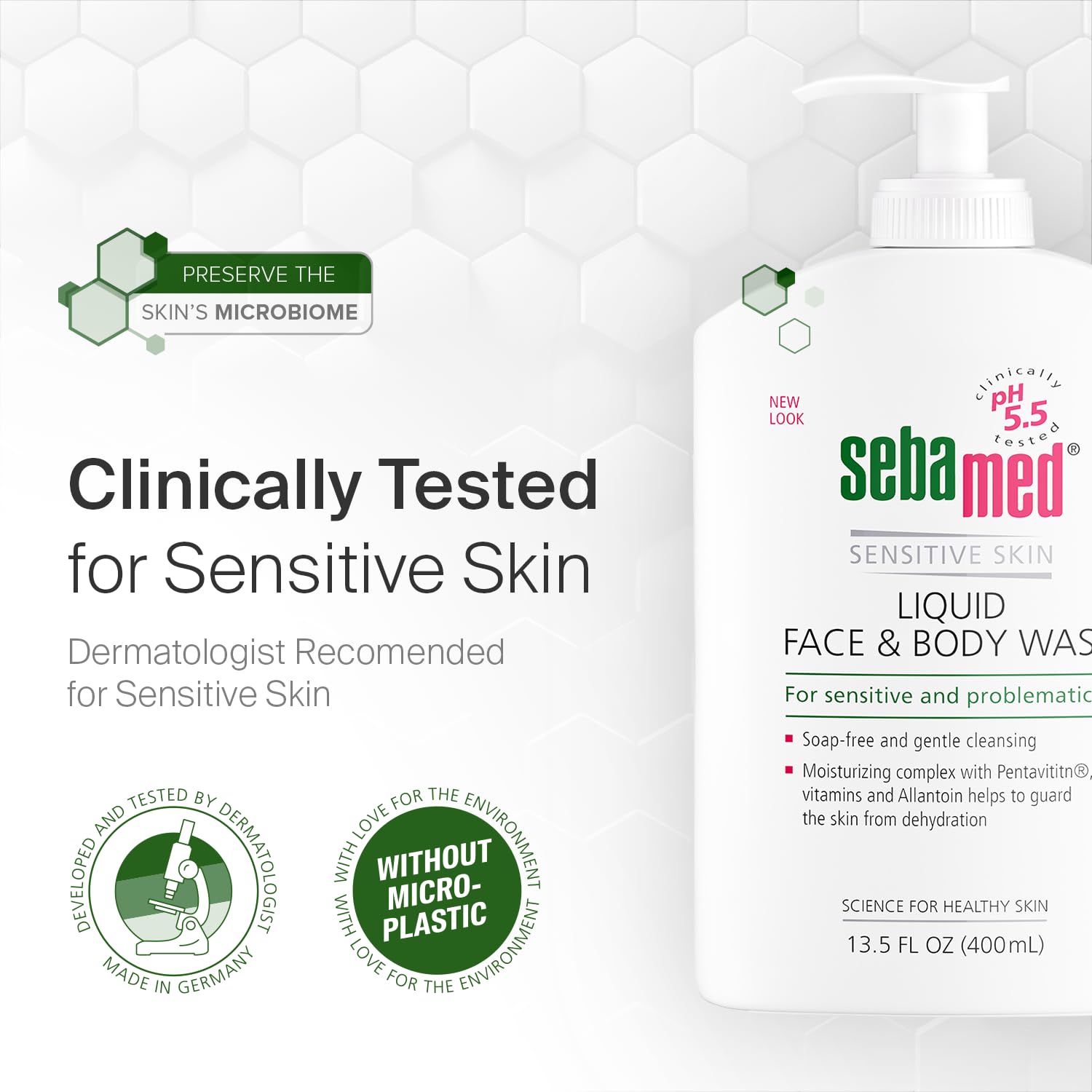 SEBAMED limpieza con pH 5.5 para preservar la barrera hidrolipídica durante la ducha.