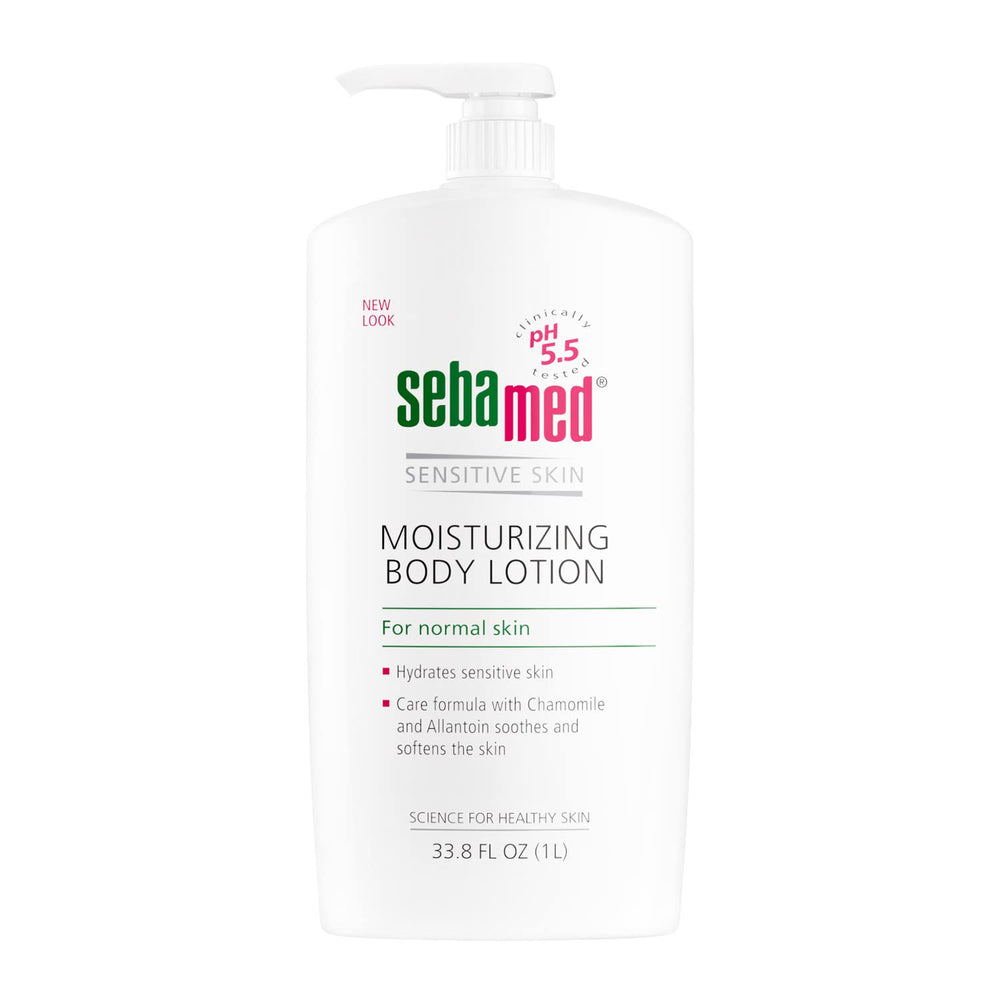 SEBAMED Loción corporal pH 5.5 en botella, hidratación suave para piel sensible.