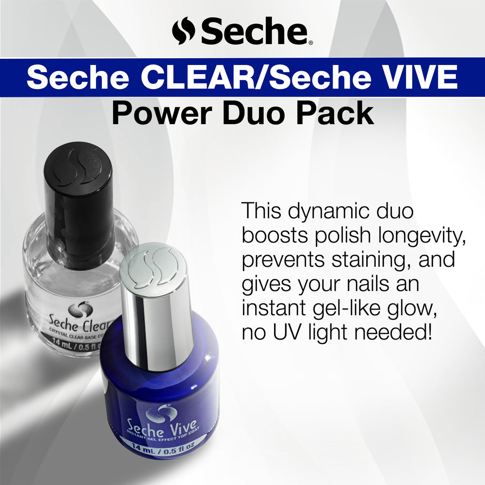 Presentación del dúo Seche: base y top para acabado gel.