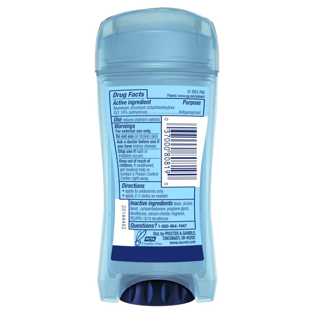 Secret desodorante antitranspirante gel claro, aplicación seca para uso cómodo.