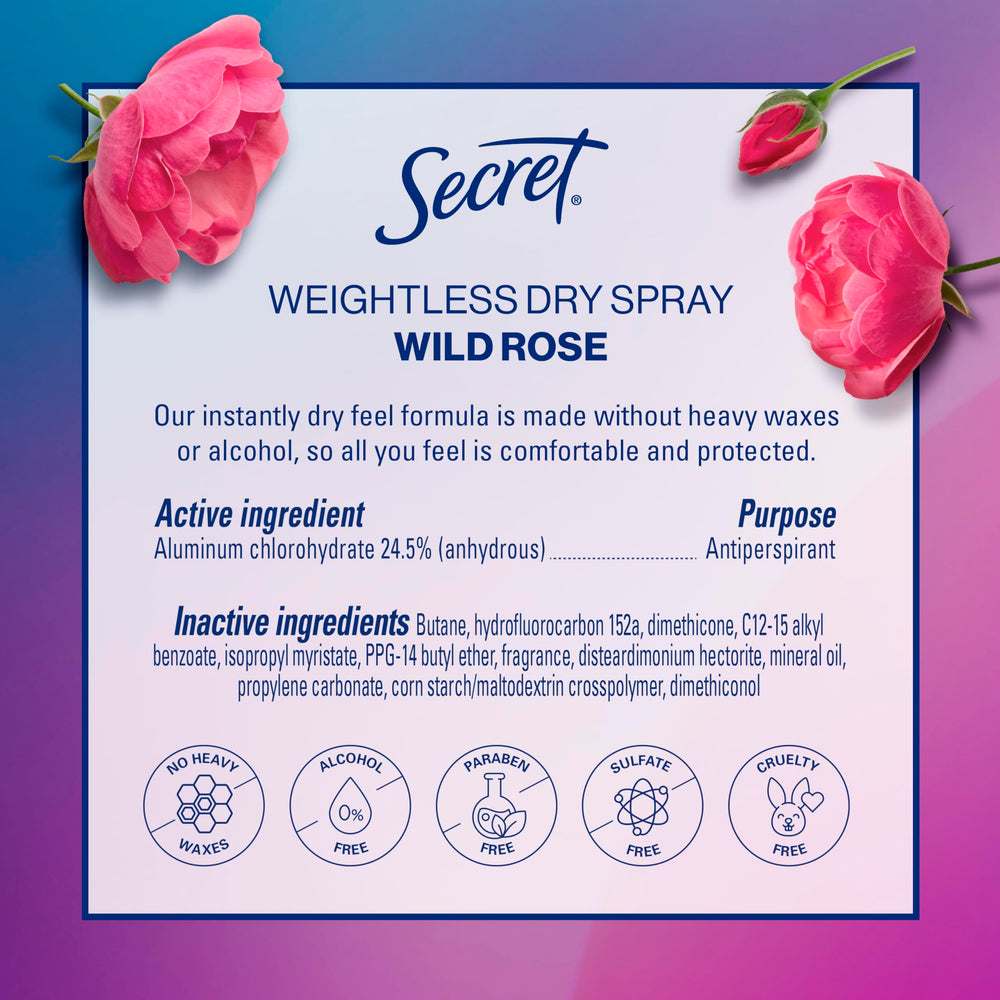 Secret Dry Spray fast-drying mist for sweat and odor protection.