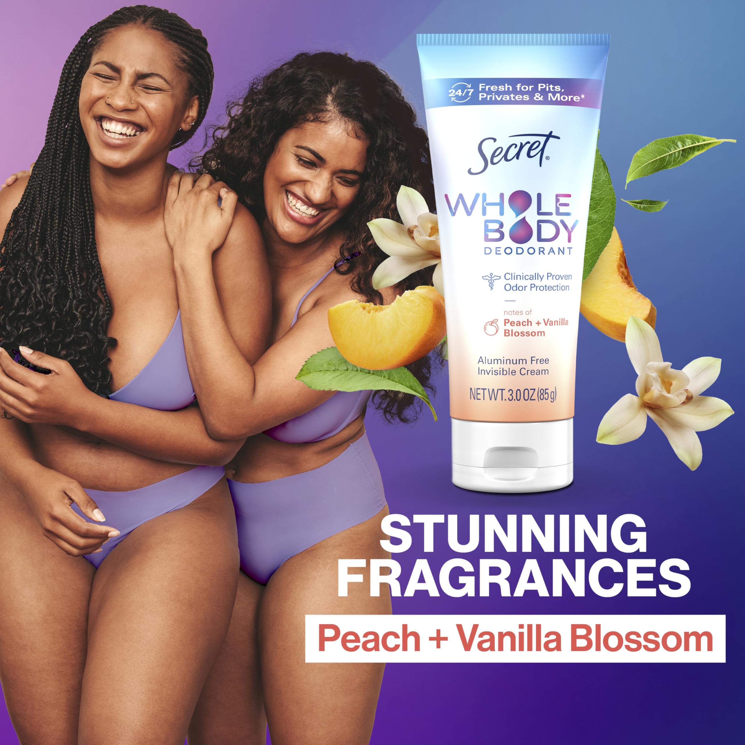 Secret whole body deodorant cream 72-hour freshness claim highlighted.