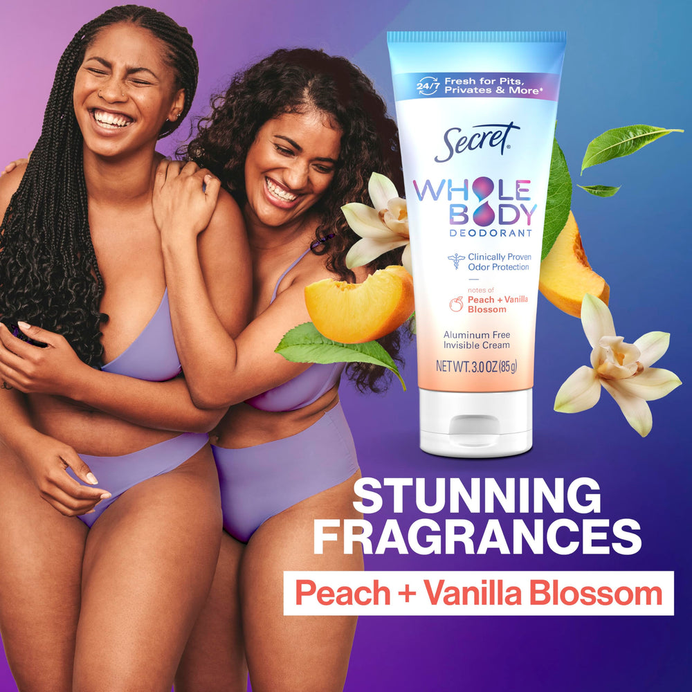 Secret whole body deodorant cream 72-hour freshness claim highlighted.