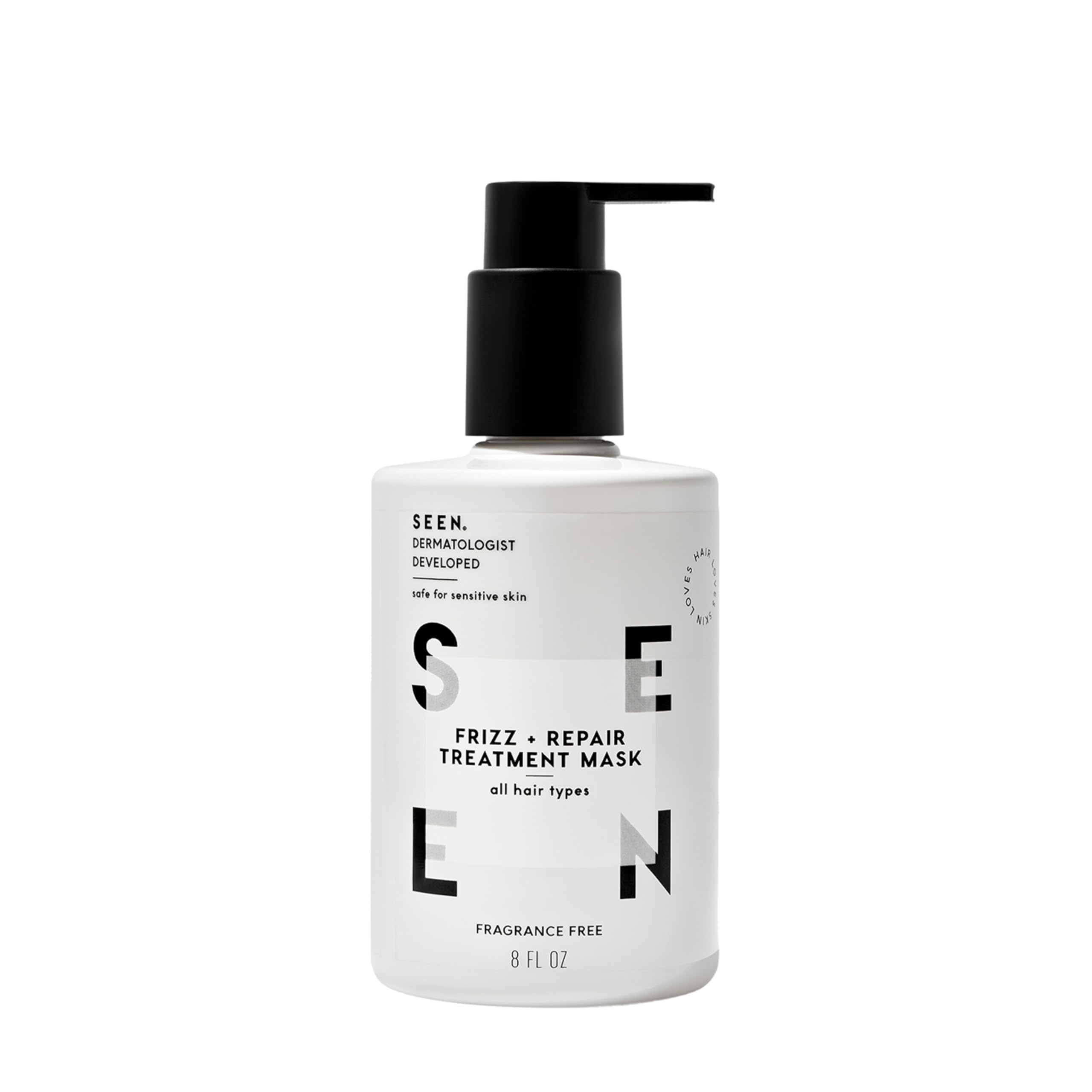 SEEN Frizz + Repair Mask envase frontal, sin fragancia y uso práctico.