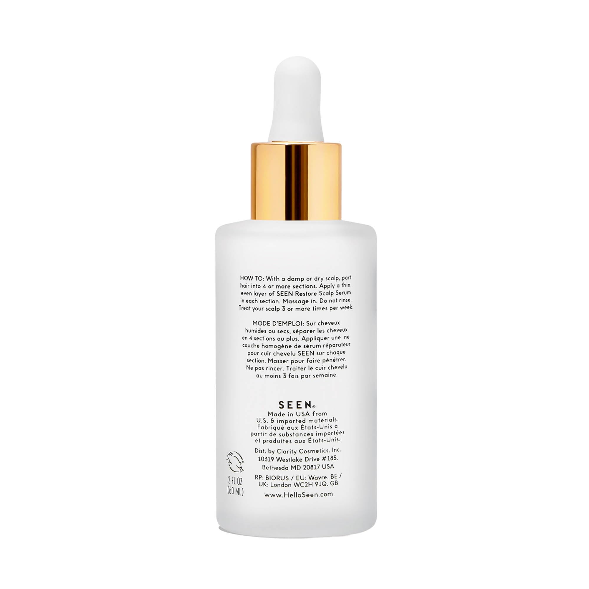 Aplicación de SEEN Restore Serum en el cuero cabelludo, sensación ligera y calmante.