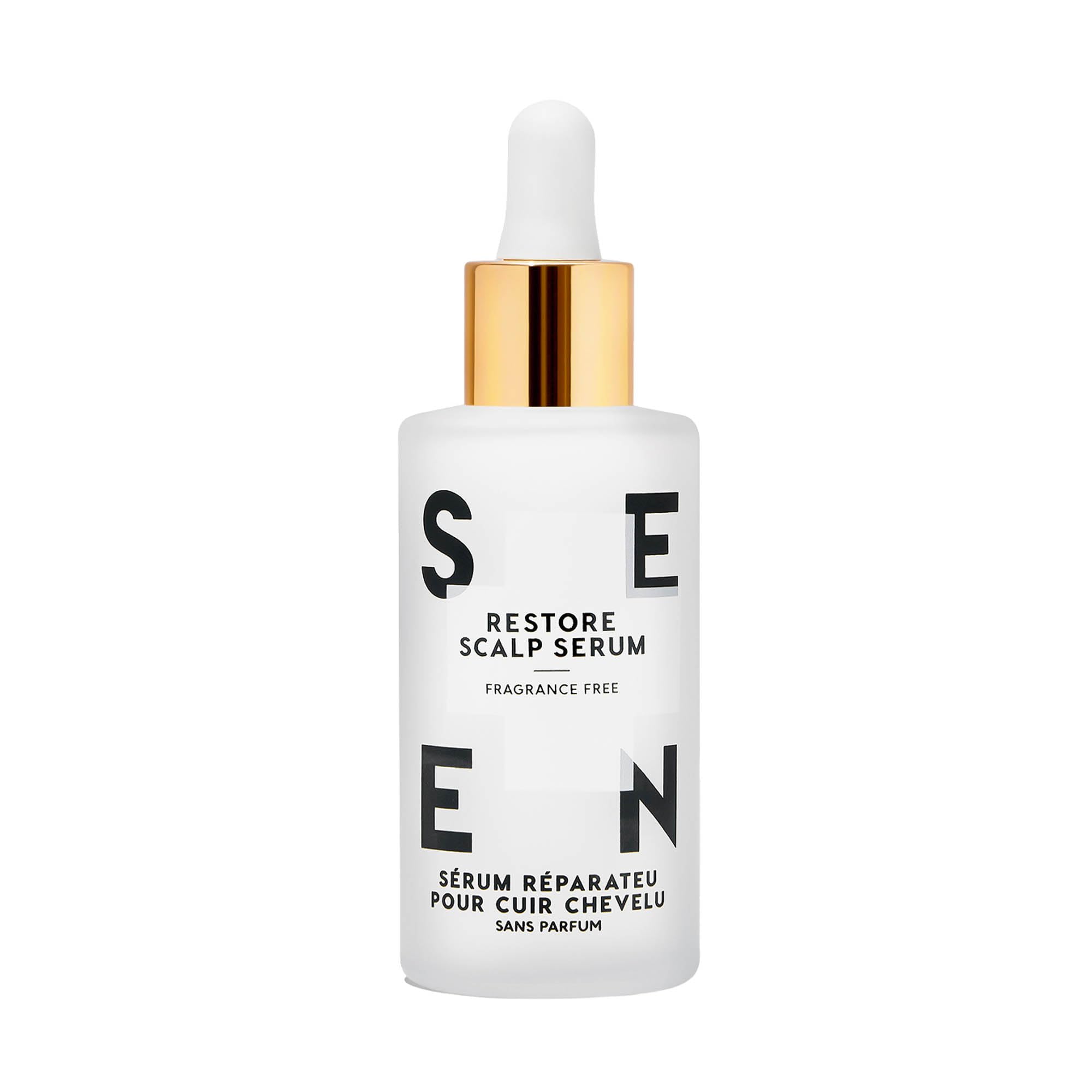 SEEN Restore Serum en botella sin fragancia, ideal para cuero cabelludo sensible.