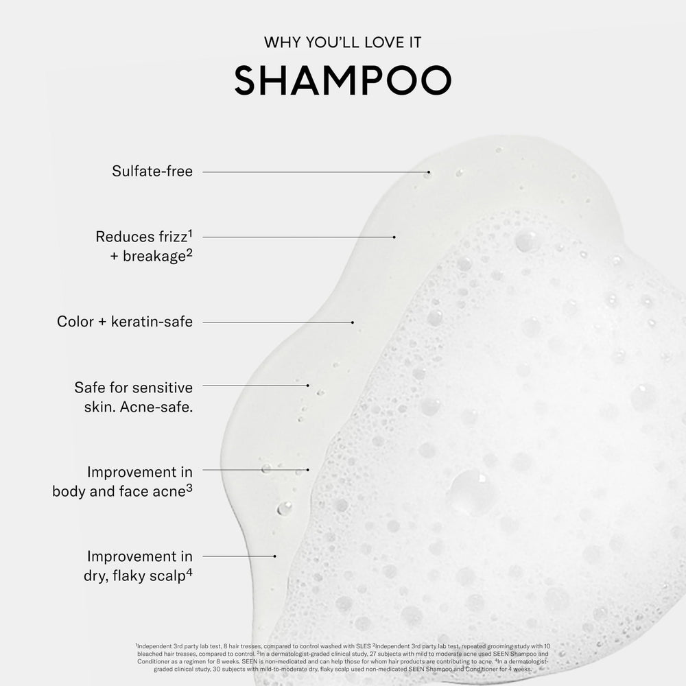 SEEN Shampoo muestra cabello suave y brillo tras lavado.