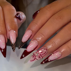 SEENEY uñas estileto Frances marrón con flores rosas para un look elegante