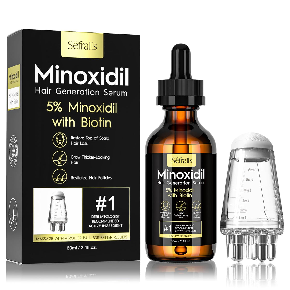 Sefralls Minoxidil para crecimiento capilar, botella con aplicación suave para cabello más grueso.