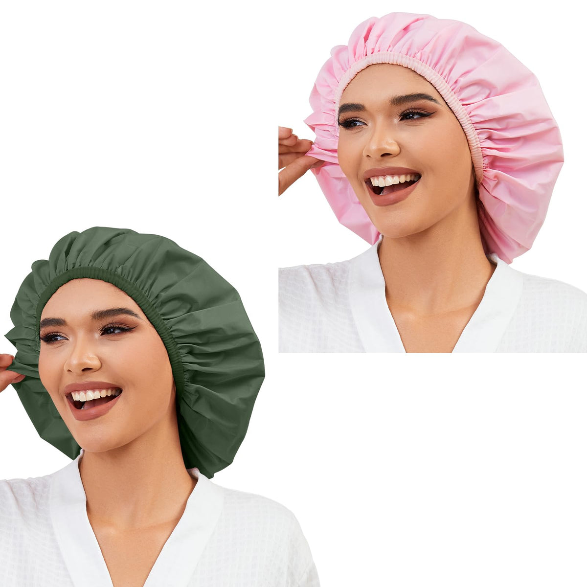 Gorra de ducha Selalu, conjunto rosa-verde, protege el cabello durante la ducha.