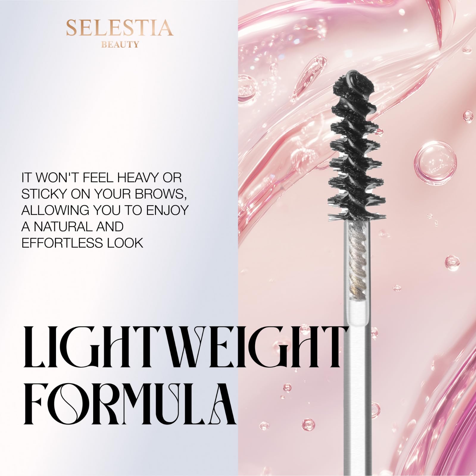 Clear brow hairs tamed with SELESTIA BEAUTY gel on brows
