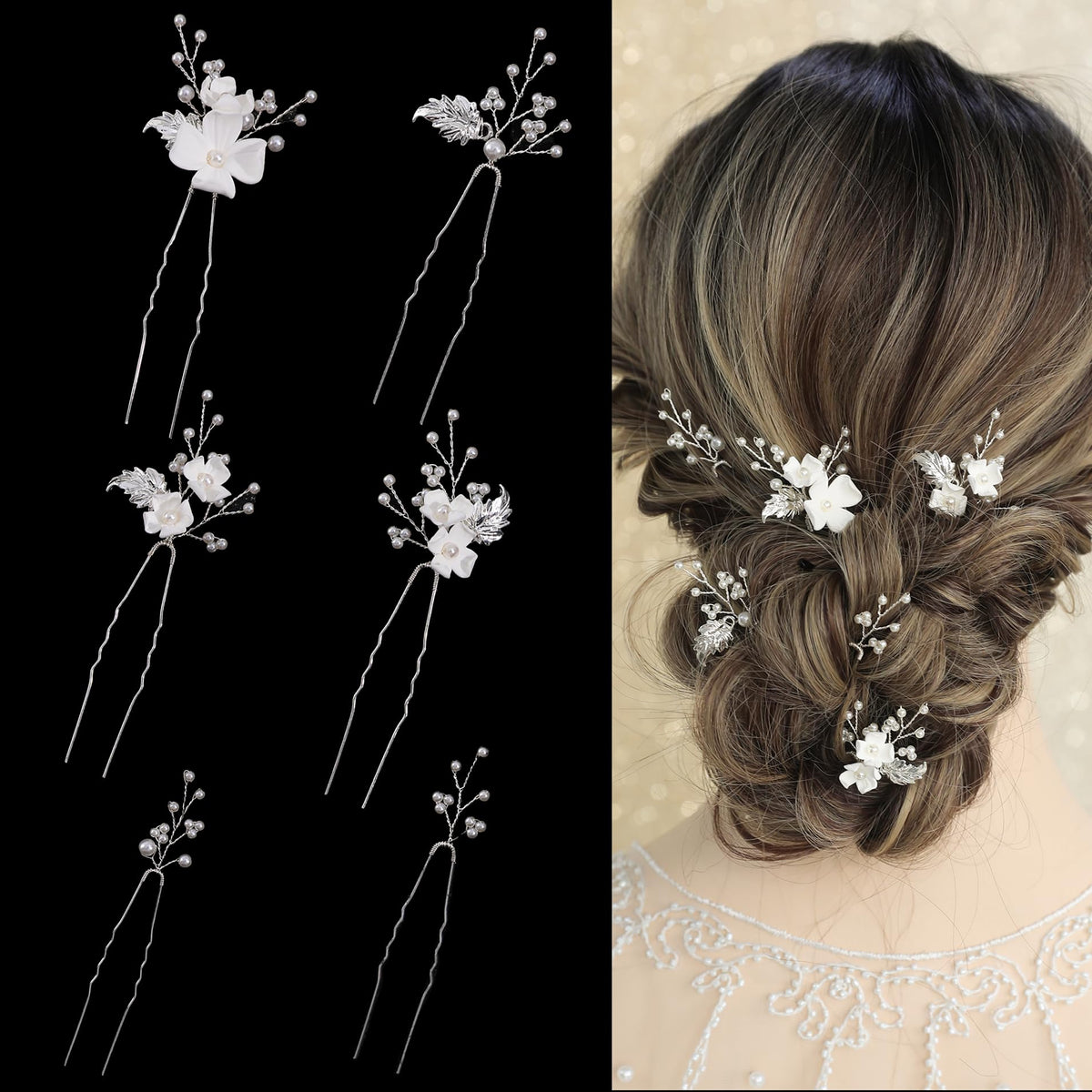 SELFCLOUD broches pelo novia perlas flor blanca con hoja dorada, ideal para peinados.
