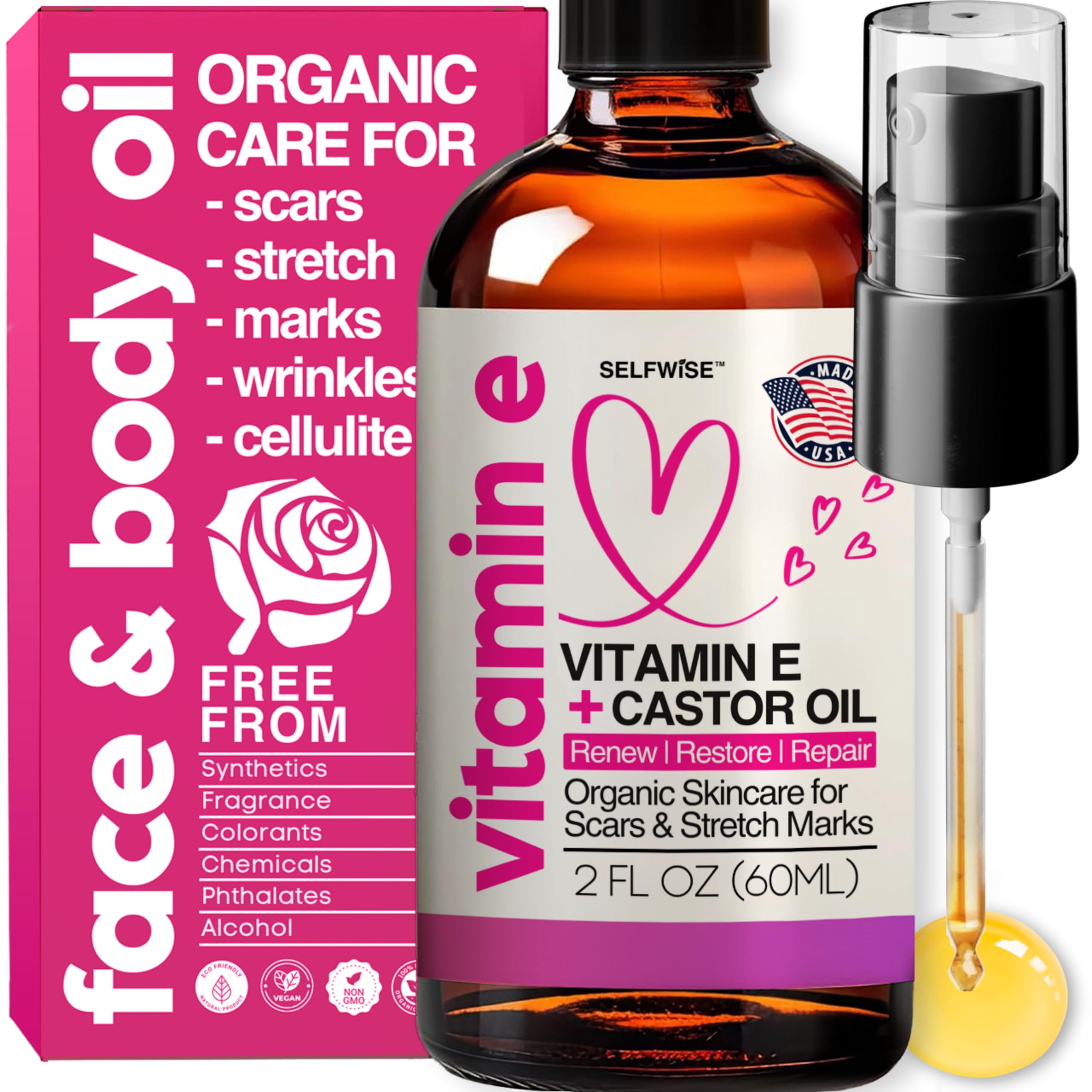 Selfwise aceite vitamina E orgánica para cicatrices, hidratación profunda para la piel.