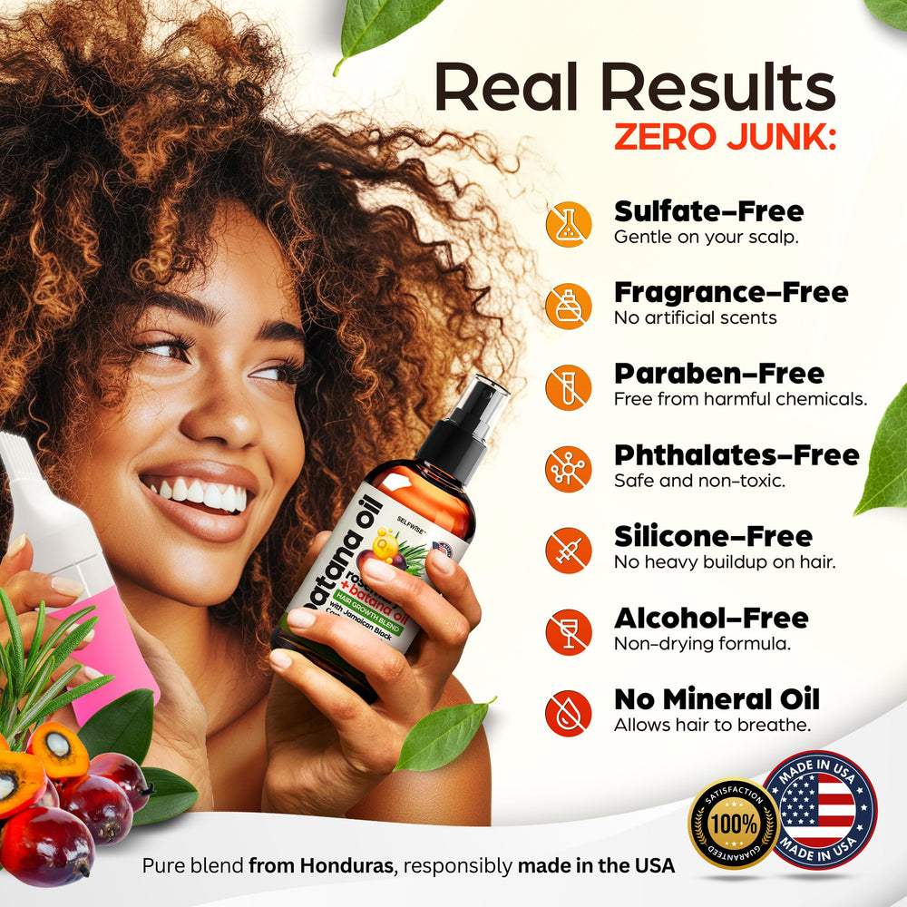 SELFWISE Batana Oil, cabello peinado con nutrición de las hebras.