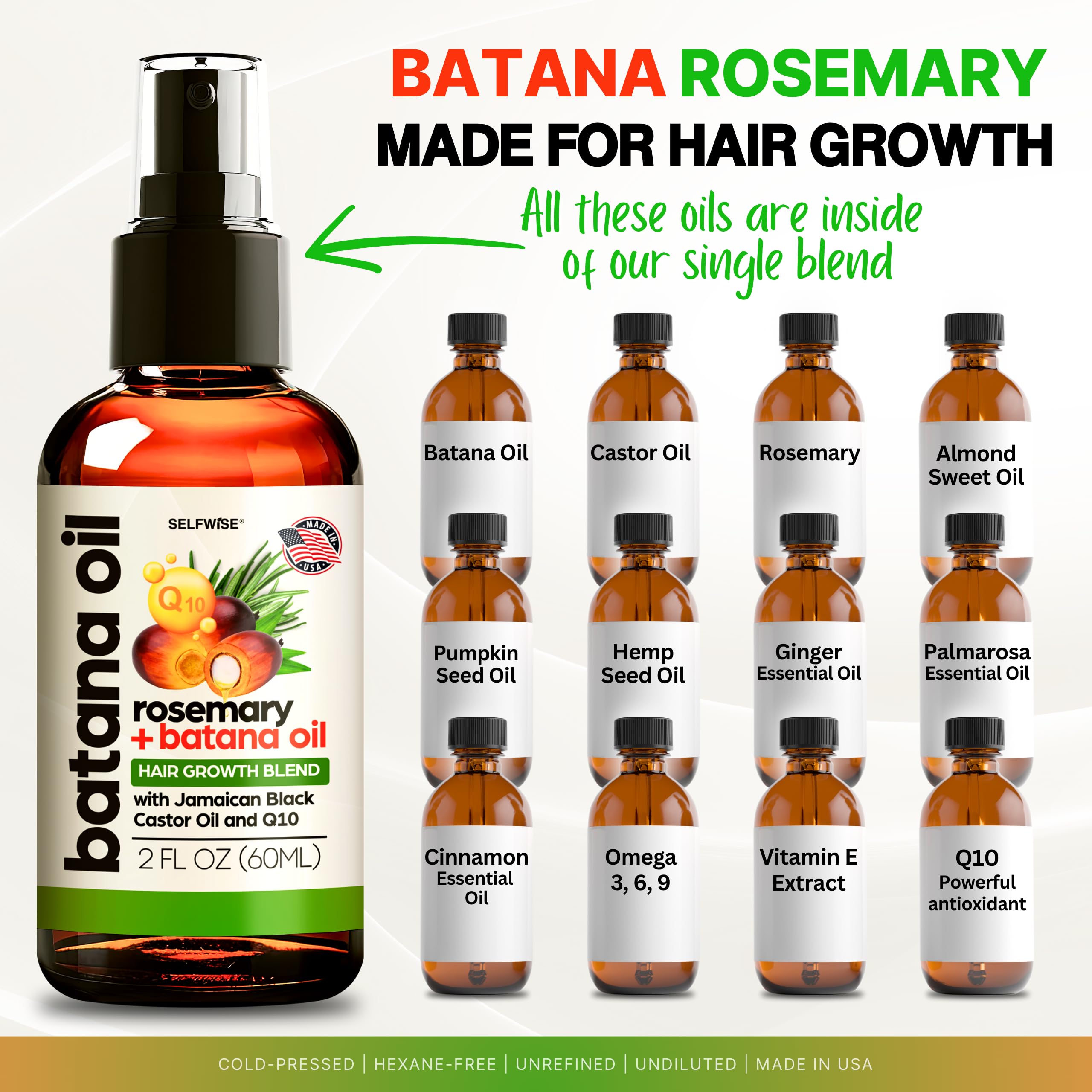 SELFWISE Batana Oil, etiqueta con ingredientes naturales para nutrición capilar diaria.