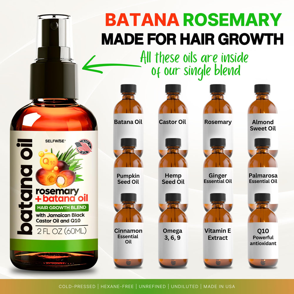 SELFWISE Batana Oil, etiqueta con ingredientes naturales para nutrición capilar diaria.