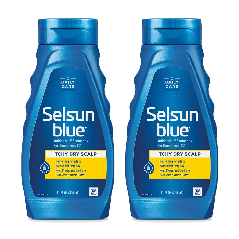 Selsun Blue champú anti caspa, botella frontal, sensación de limpieza profunda.