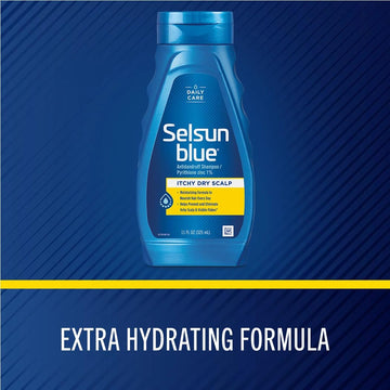 Selsun Blue champú con espuma suave, textura para cabello sensible.