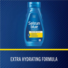 Selsun Blue champú con espuma suave, textura para cabello sensible.