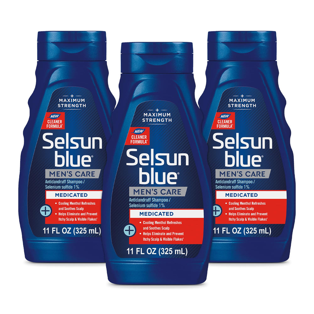 Selsun Blue champú medicado con mentol en botella, alivio fresco para el cuero cabelludo.