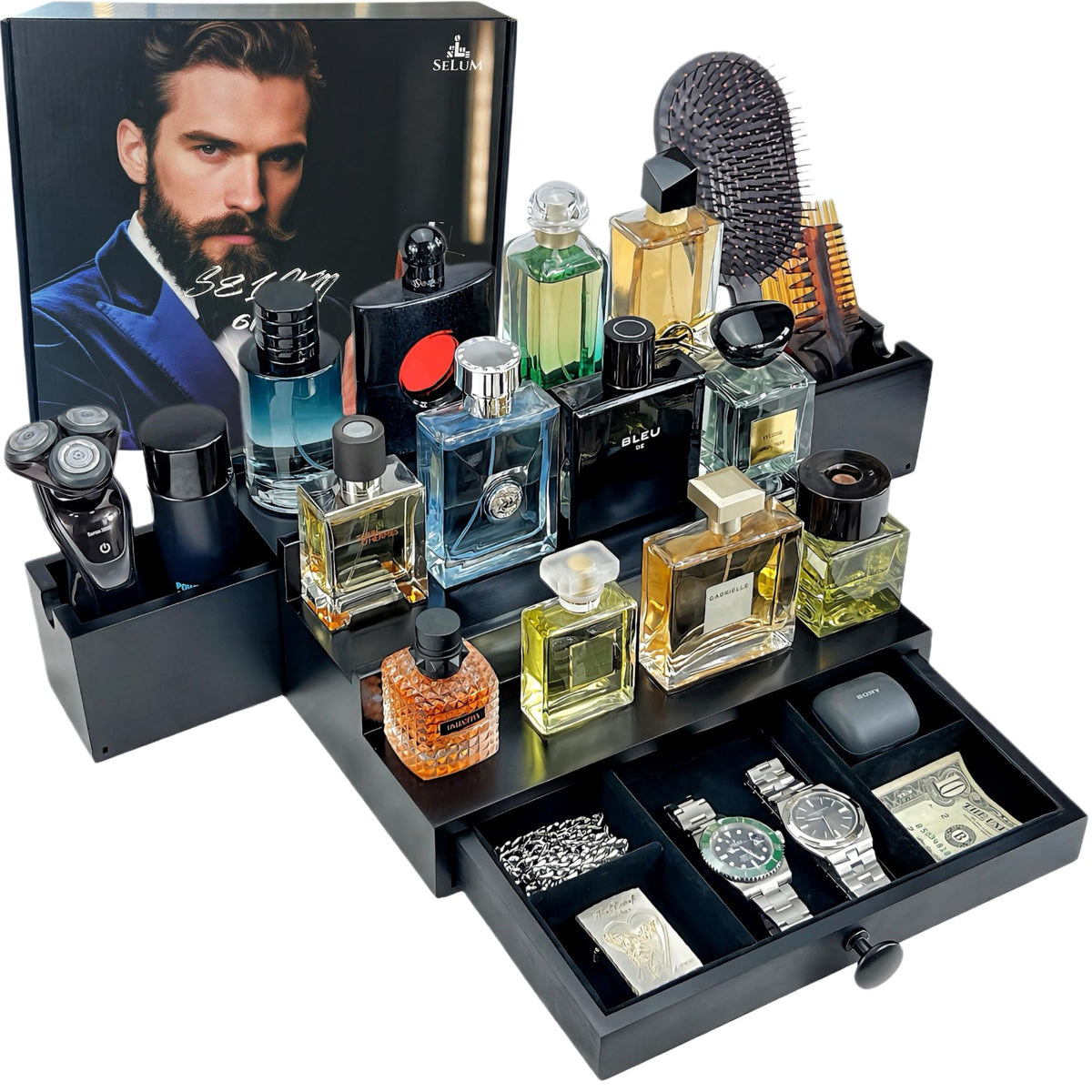 SeLuM Organisateur Cologne bois noir 3 étages — rangement élégant sur la commode.