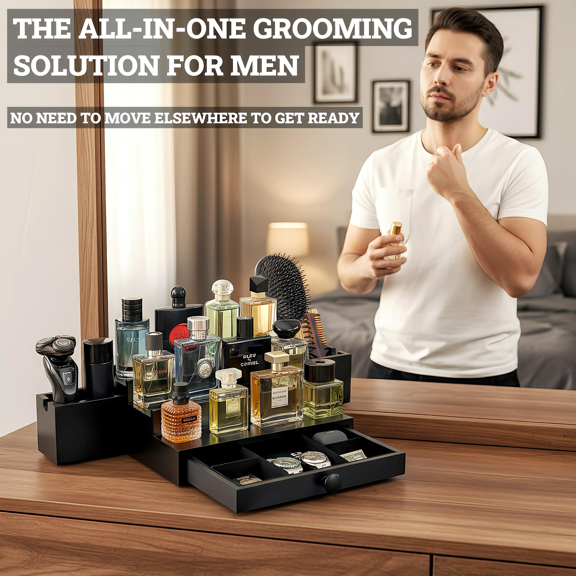 SeLuM Support Cologne bois noir — support élégant pour parfums et accessoires sur la commode.