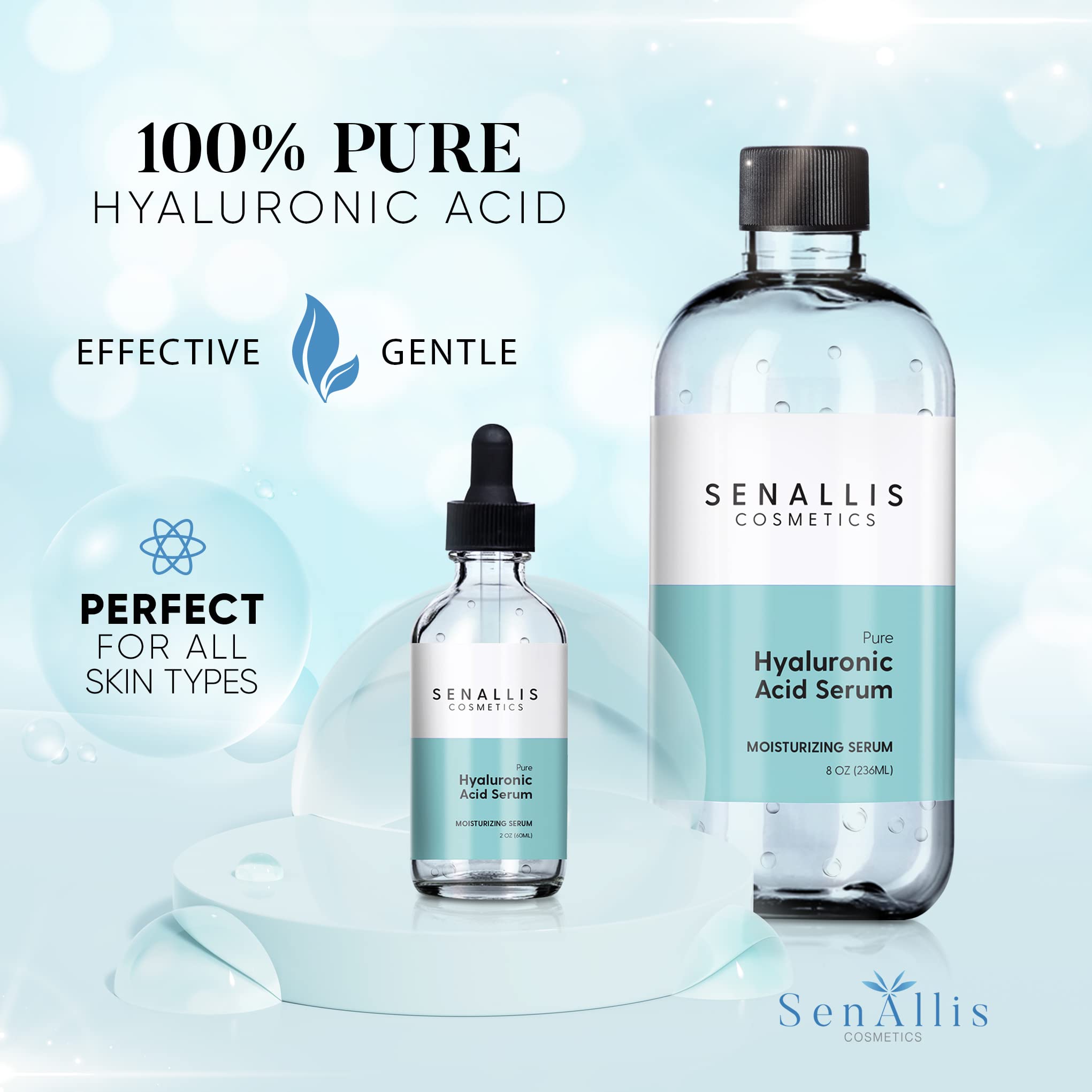 SenAllis Suero Hialurónico, botella 2oz, aplicación diaria para piel nutrida