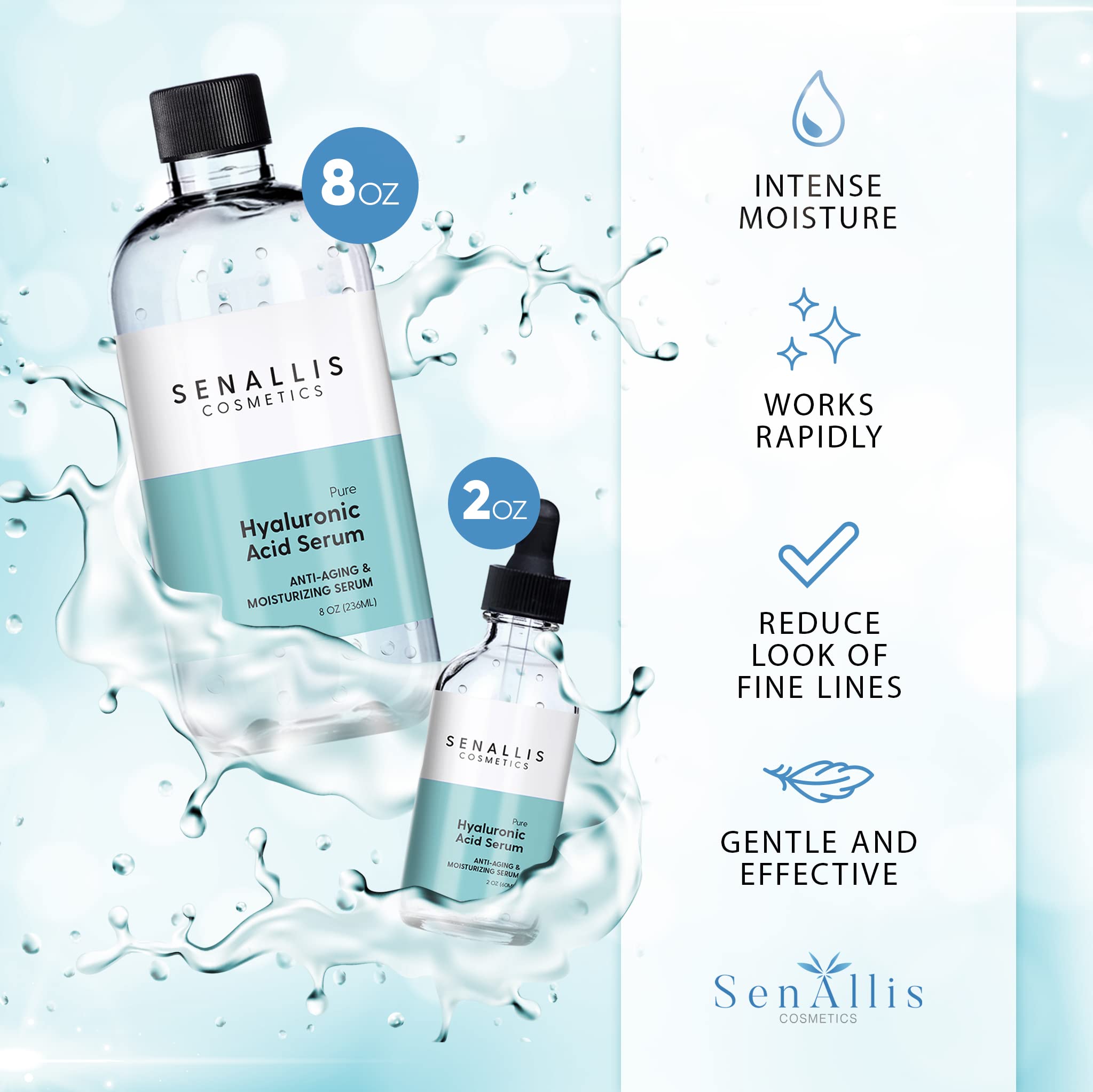 SenAllis Suero Hialurónico, textura sedosa, ideal para uso matutino y nocturno