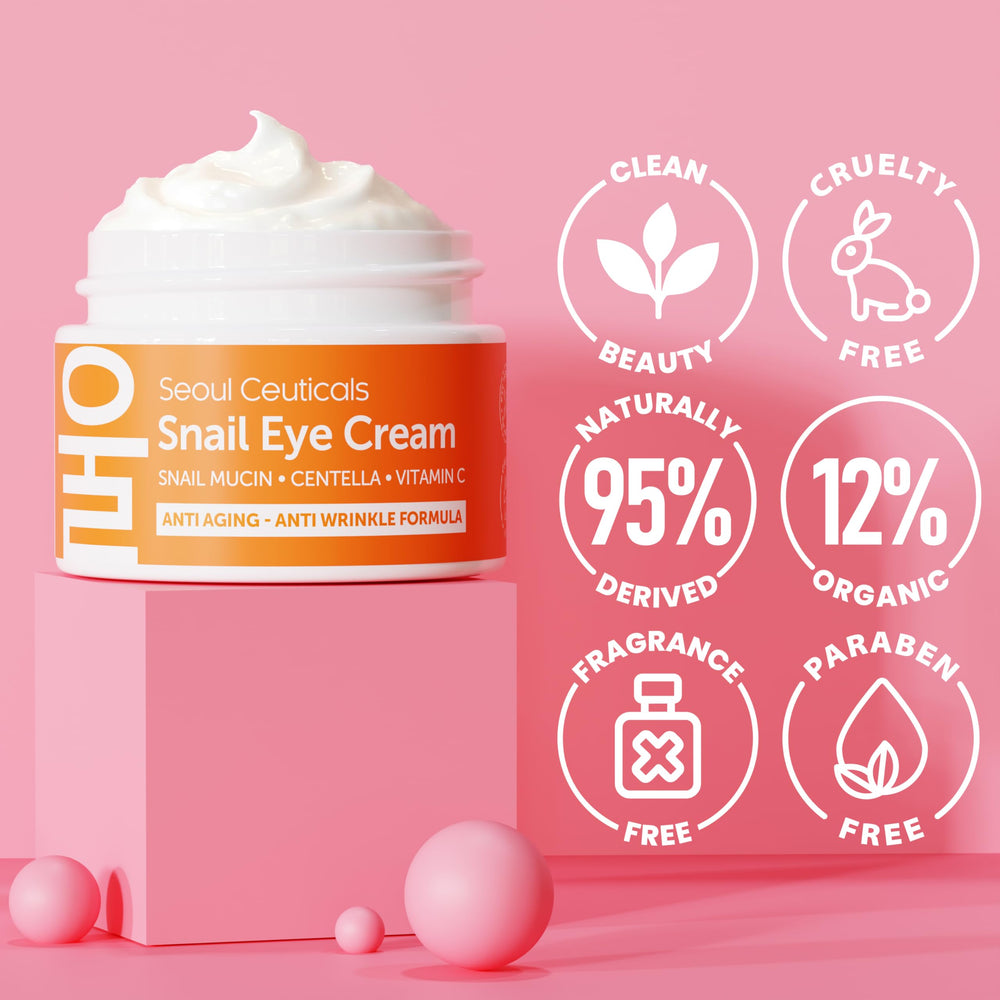 SeoulCeuticals crema ojos mucín caracol ofrece textura ligera para hidratación diaria.