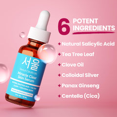 Serum SeoulCeuticals con ingredientes clave para piel propensa al acné.