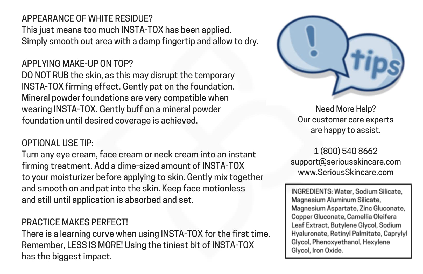 Serious Skincare Insta-Tox caja: folleto de instrucciones incluido.