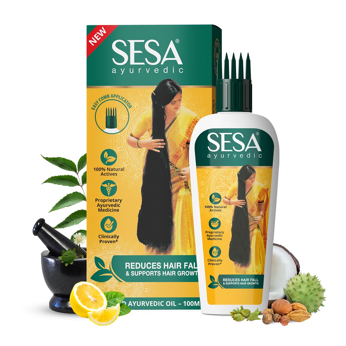 Sesa Aceite capilar Ayurvédico con Bhringraj en botella para uso diario.
