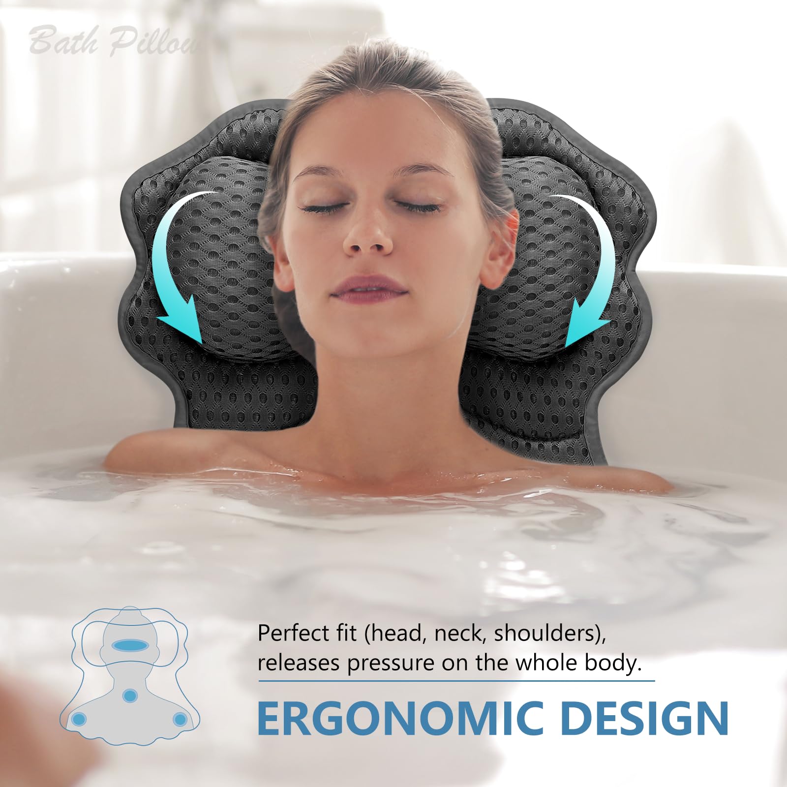 SetSail Almohada para baño, vista trasera, ventosas fuertes para fijación estable.