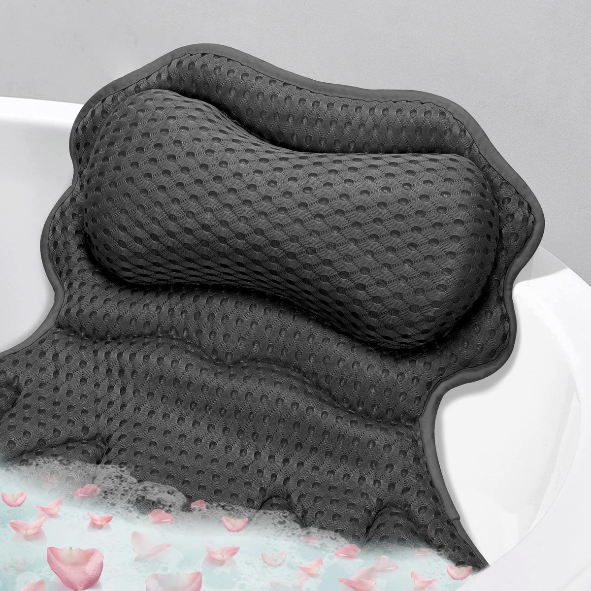 SetSail Almohada de baño ergonómica, vista frontal, soporte para cuello y espalda.