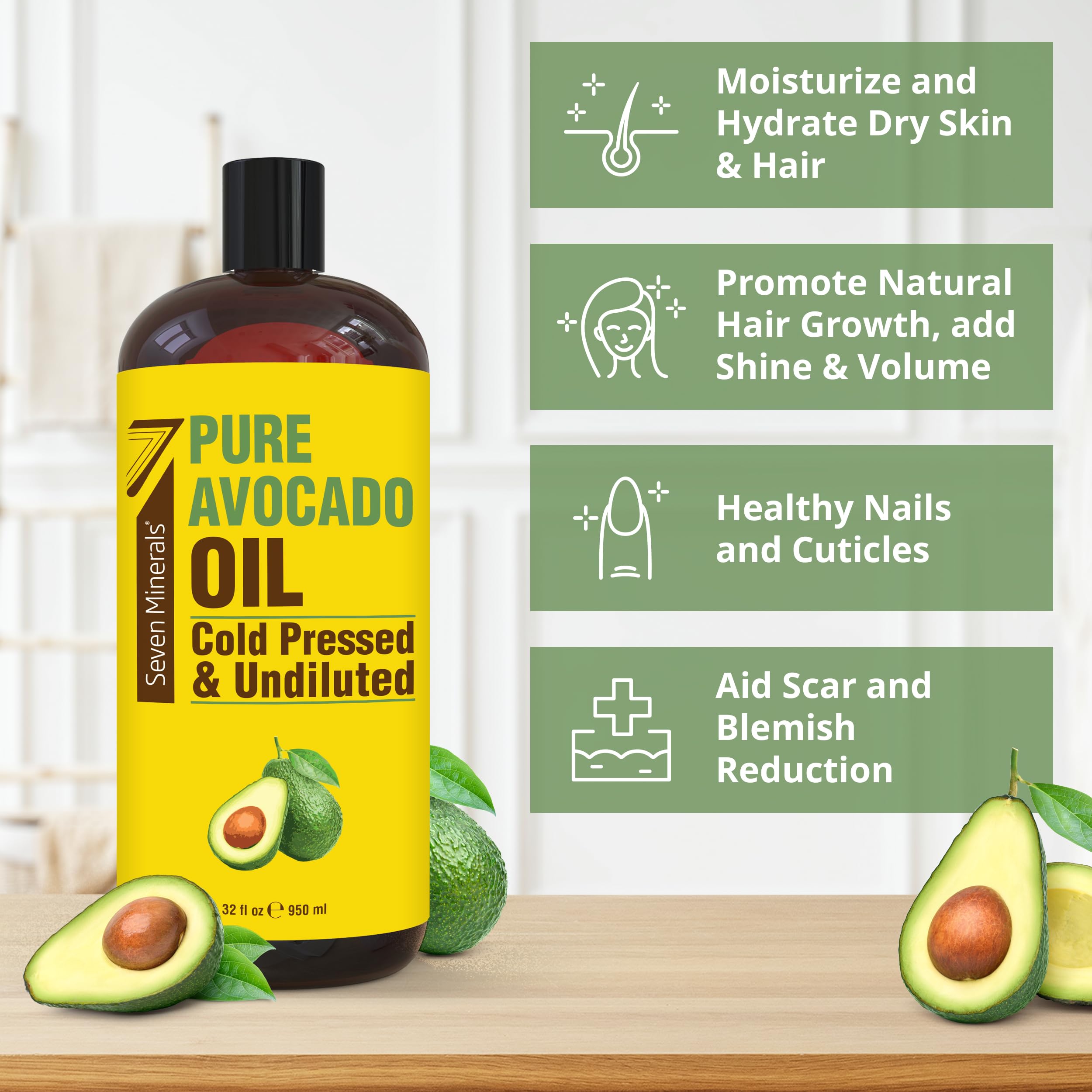 Seven Minerals Aceite de Aguacate, aplicación en piel, nutre y suaviza sin sensación grasa