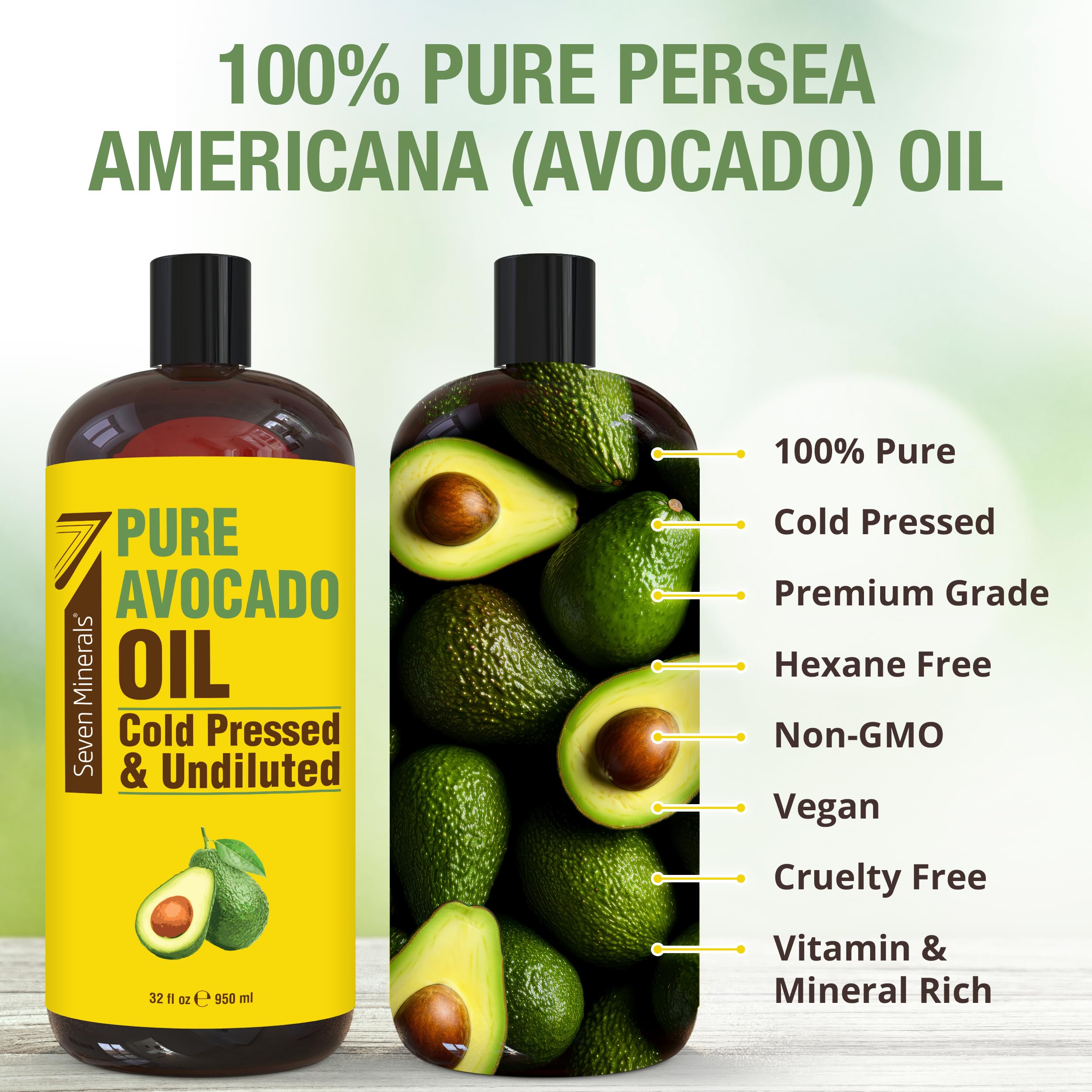 Seven Minerals Aceite de Aguacate, etiqueta en frasco, producto puro para uso diario