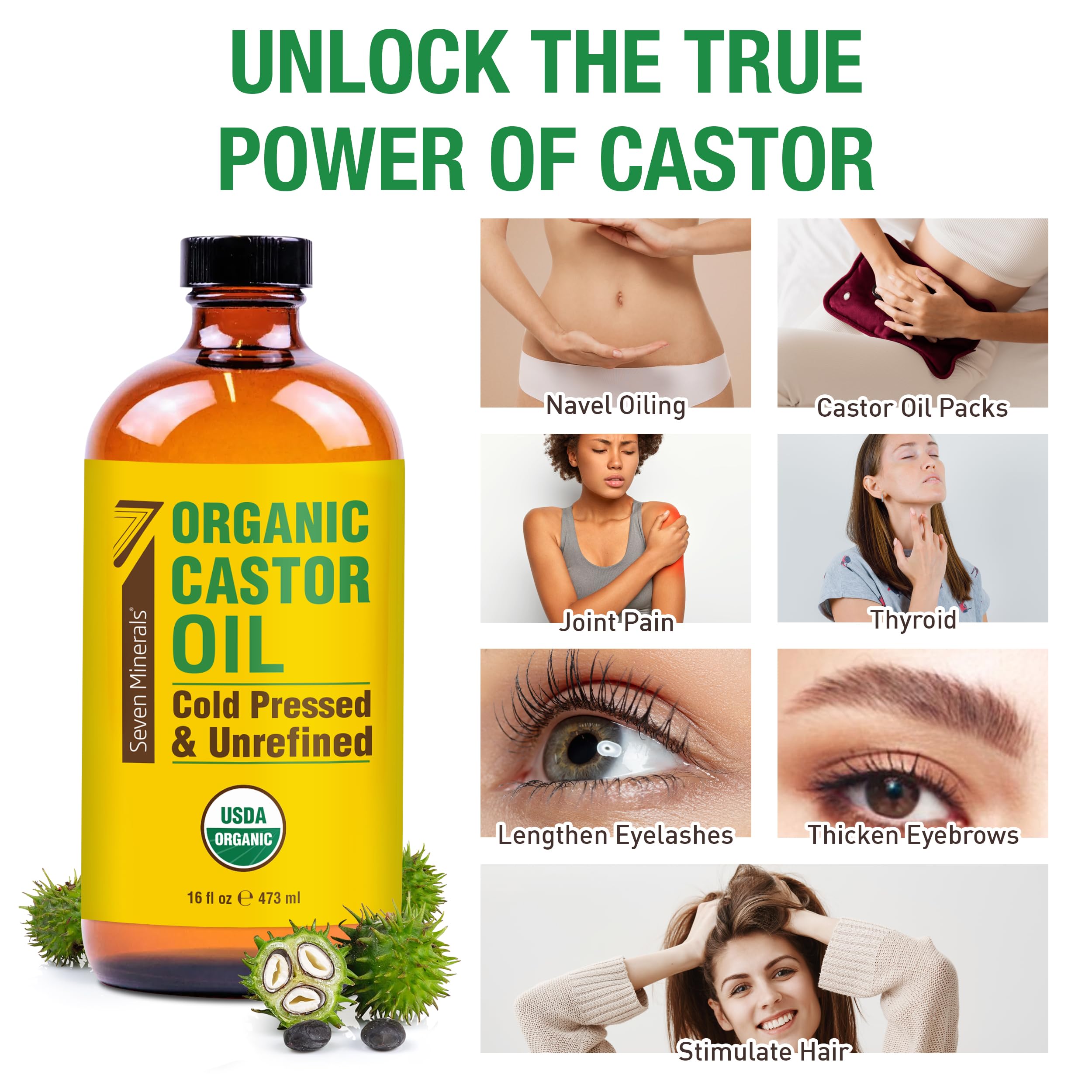 Seven Minerals aceite de ricino orgánico USDA, certificado para uso diario