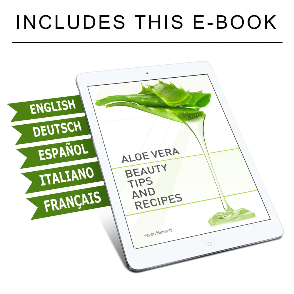 Seven Minerals Aloe Vera Gel etiqueta y empaque: producto vegano y orgánico