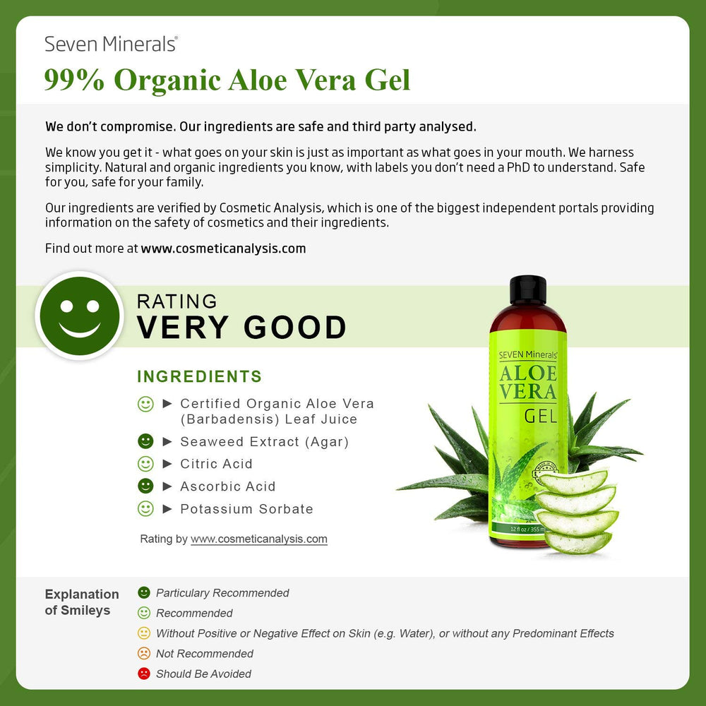 Seven Minerals Aloe Vera Gel, textura clara para uso diario.